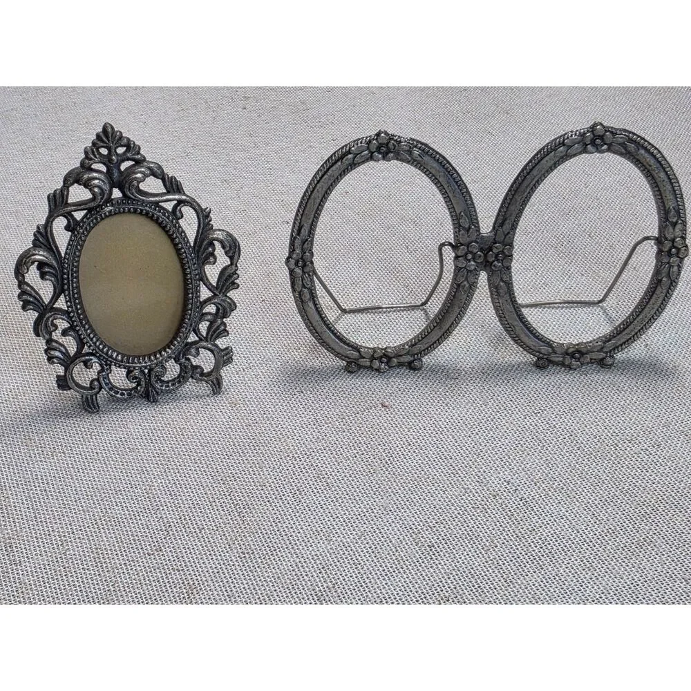 Vintage Silver Miniature Ornate Metal Picture Frame Set Single & Double Oval